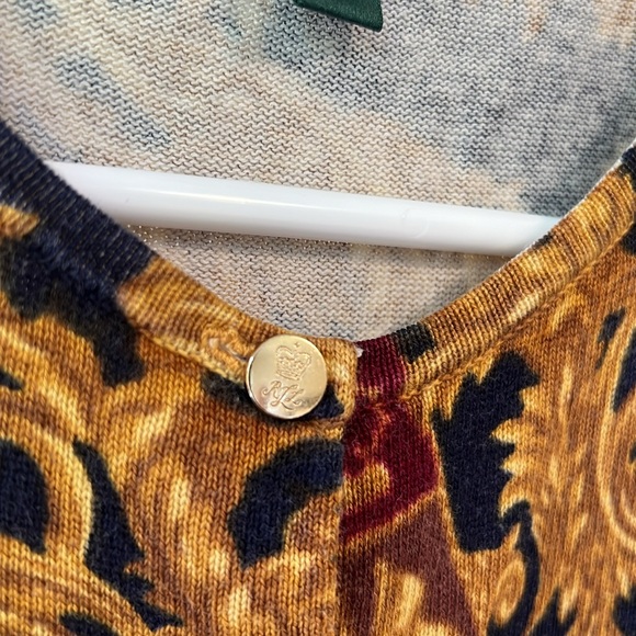Lauren Ralph Lauren Silk Cotton LRL Crest Pattern Gold Button Cardigan Sweater L - Picture 4 of 7